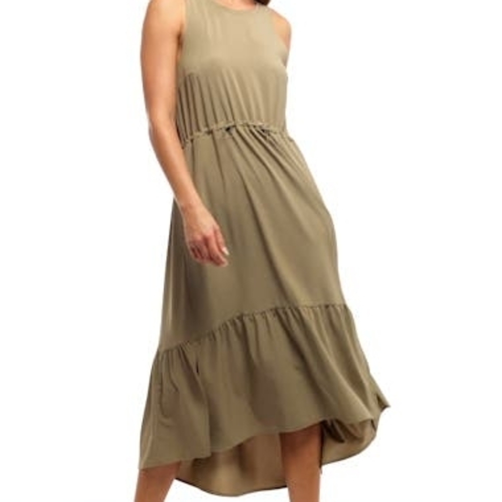 Zella Khaki Sleeveless Pursuit Tiered Midi Dress